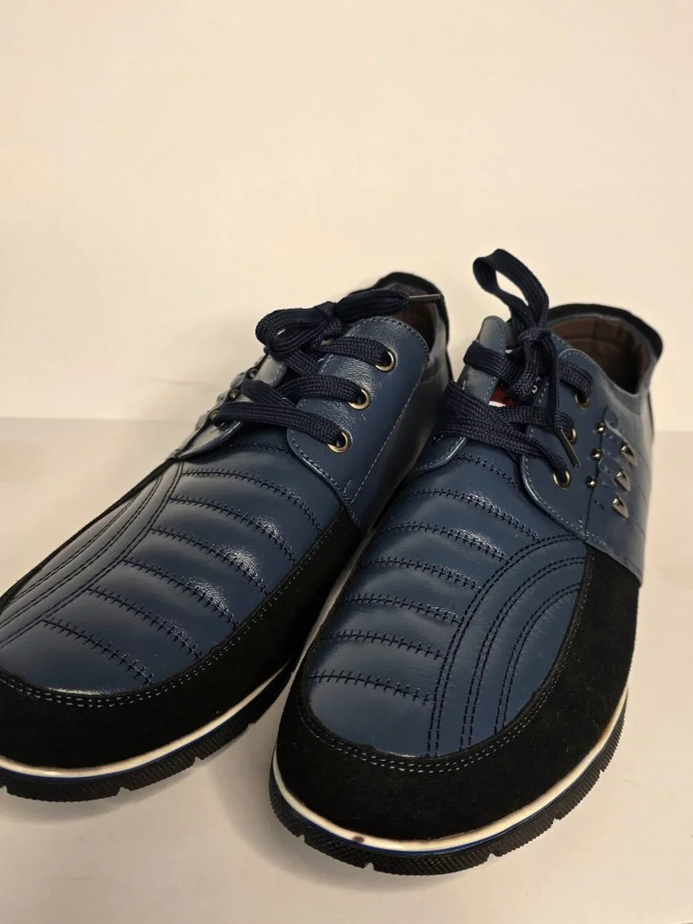 Menico Men's Blue & Black Leather Casual Quilted Lace-Up Shoes, Size US 13-13.5